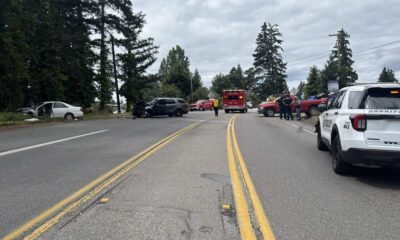 Two-lane road crash scene with a white car off the left shoulder, a darkened vehicle in the middle, and multiple emergency vehicles in the distance amid trees.