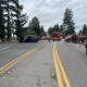 Two-lane road crash scene with a white car off the left shoulder, a darkened vehicle in the middle, and multiple emergency vehicles in the distance amid trees.