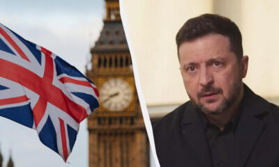 Split image: UK flag waving with Big Ben in the background on the left; man in a dark suit indoors on the right.