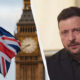 Split image: UK flag waving with Big Ben in the background on the left; man in a dark suit indoors on the right.