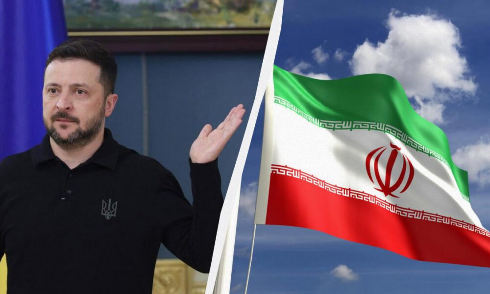 Split image: man gesturing on the left with a Ukraine flag; Iran flag waving on the right.