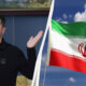 Split image: man gesturing on the left with a Ukraine flag; Iran flag waving on the right.