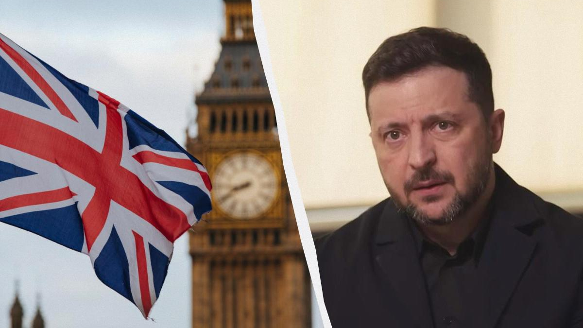 Split image: UK flag waving with Big Ben in the background on the left; man in a dark suit indoors on the right.