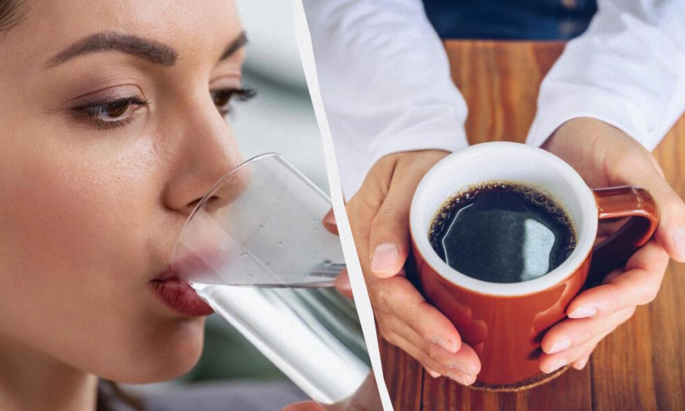 Woman drinking a glass of water while a separate image shows hands holding a cup of black coffee on a wooden table.