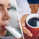 Woman drinking a glass of water while a separate image shows hands holding a cup of black coffee on a wooden table.