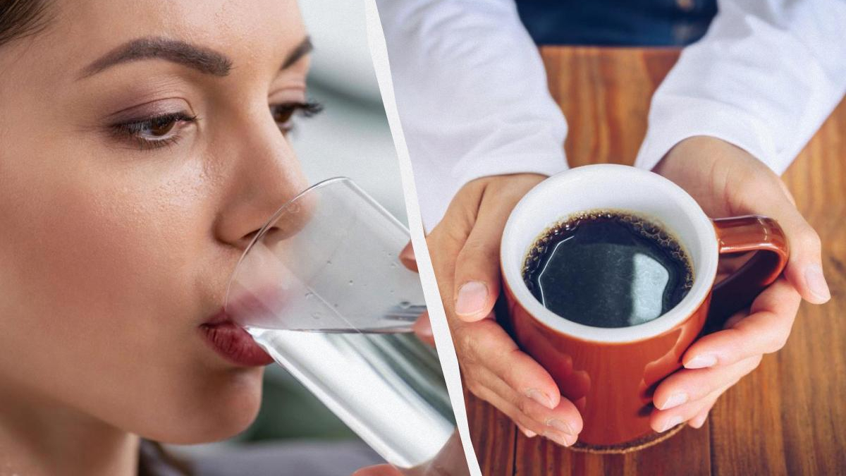 Woman drinking a glass of water while a separate image shows hands holding a cup of black coffee on a wooden table.