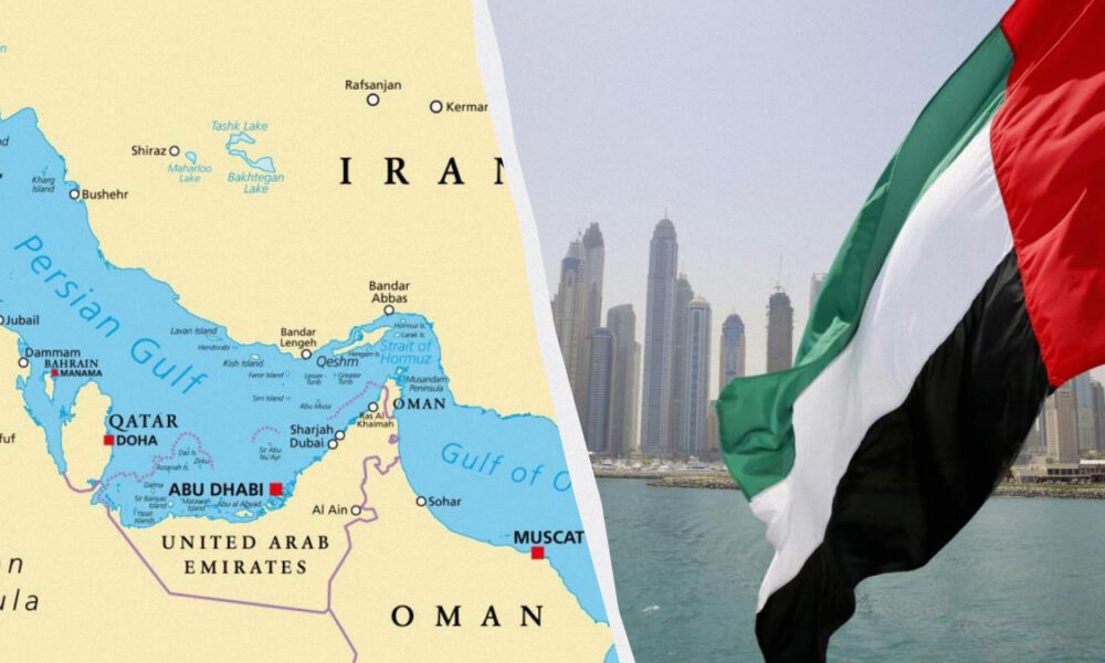 Split image showing a map of the Persian Gulf region on the left and a waving UAE flag over the Dubai skyline on the right.