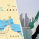Split image showing a map of the Persian Gulf region on the left and a waving UAE flag over the Dubai skyline on the right.