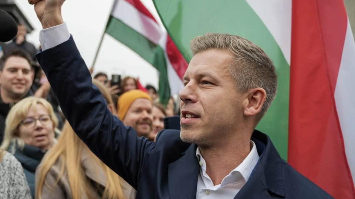 Man in a dark blazer raises his fist at a political rally, surrounded by supporters and flags in the background.