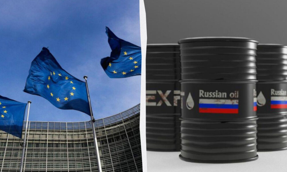 Split image: EU flags in front of a glass building on the left, and oil barrels labeled 'Russian oil' with a Russian flag on the right