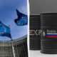 Split image: EU flags in front of a glass building on the left, and oil barrels labeled 'Russian oil' with a Russian flag on the right