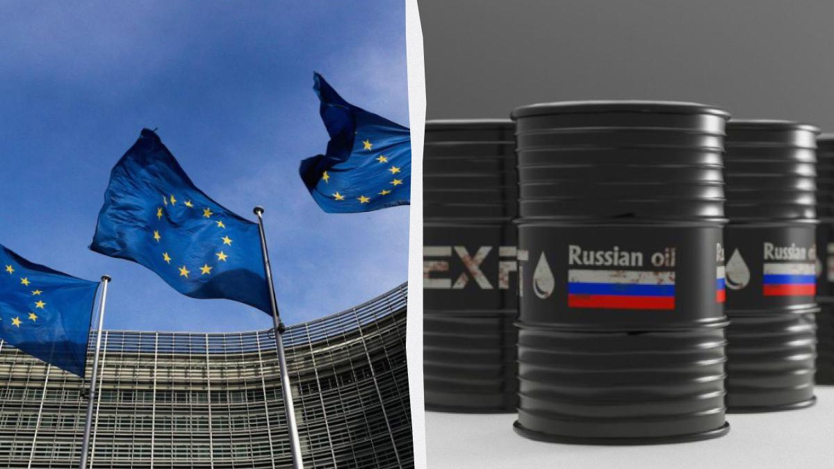 Split image: EU flags in front of a glass building on the left, and oil barrels labeled 'Russian oil' with a Russian flag on the right