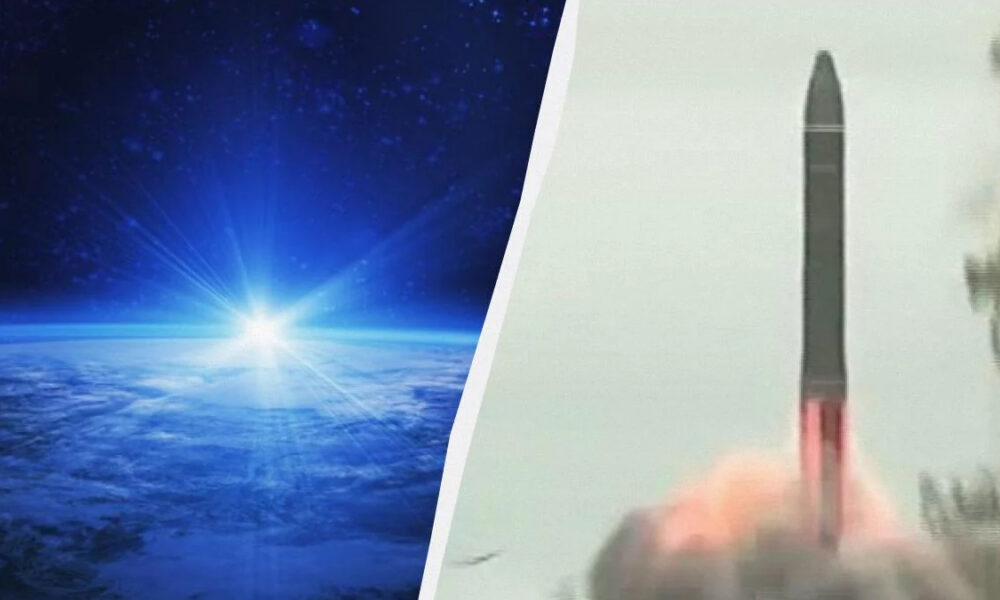Split image: left shows Earth from space with a bright sunrise over the horizon; right shows a rocket launching with pink exhaust.