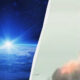 Split image: left shows Earth from space with a bright sunrise over the horizon; right shows a rocket launching with pink exhaust.