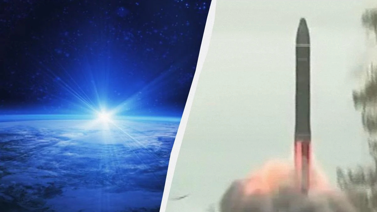 Split image: left shows Earth from space with a bright sunrise over the horizon; right shows a rocket launching with pink exhaust.