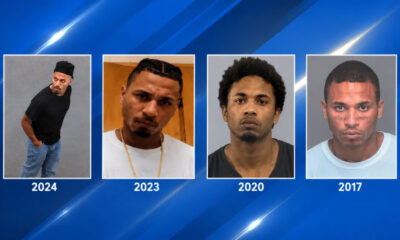 Four mugshots lined up with labels 2024, 2023, 2020, and 2017 against a blue background.