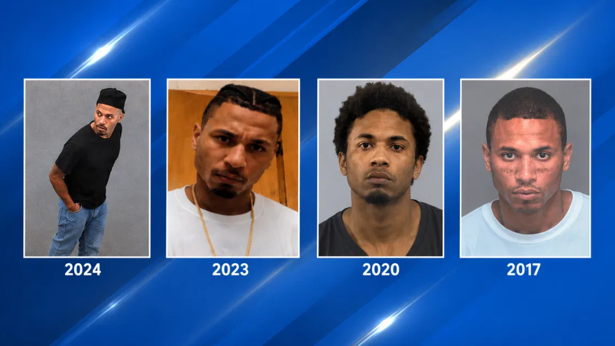 Four mugshots lined up with labels 2024, 2023, 2020, and 2017 against a blue background.