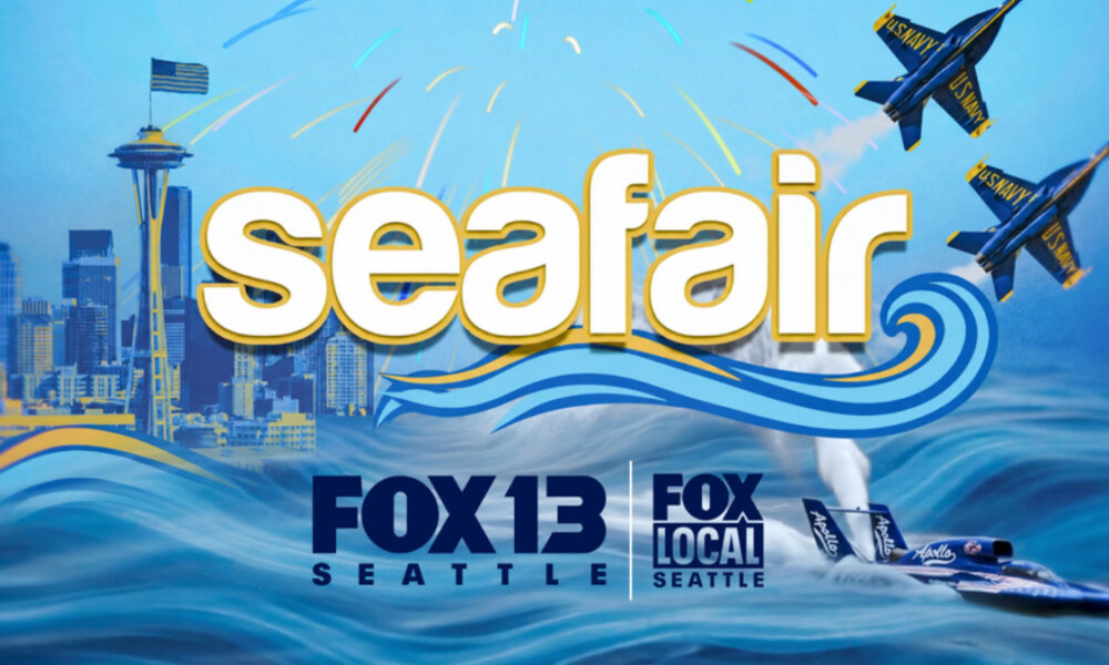 Seafair promotional graphic with Seattle skyline, blue waves, and aircrafts, FOX 13 Seattle logo included.