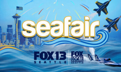 Seafair promotional graphic with Seattle skyline, blue waves, and aircrafts, FOX 13 Seattle logo included.