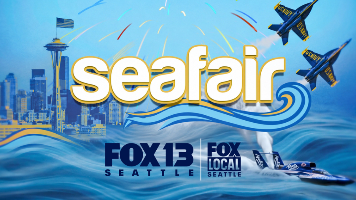 Seafair promotional graphic with Seattle skyline, blue waves, and aircrafts, FOX 13 Seattle logo included.
