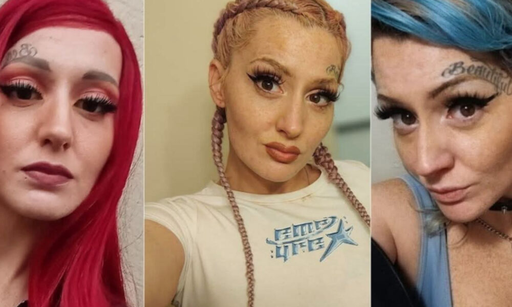 Triptych collage of a person with bold makeup and colorful hair: left panel red hair, middle panel peach with braids, right panel blue highlights.