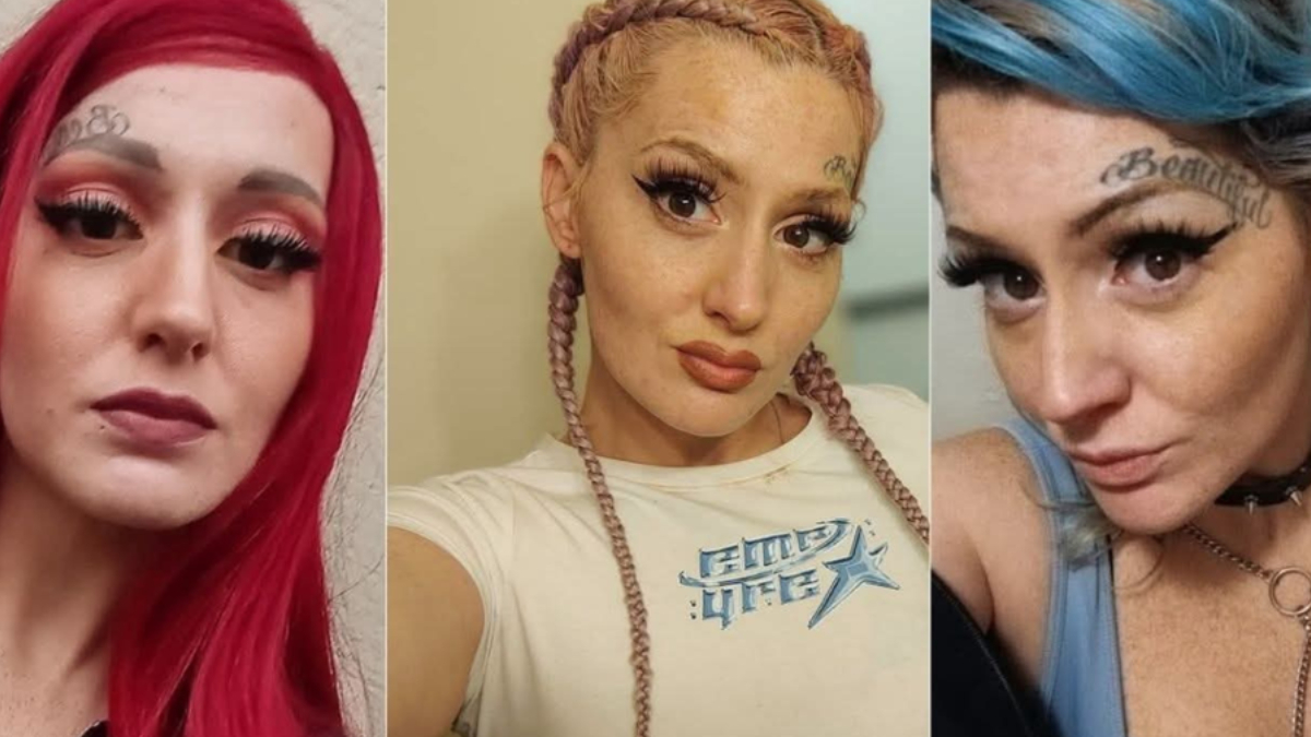 Triptych collage of a person with bold makeup and colorful hair: left panel red hair, middle panel peach with braids, right panel blue highlights.
