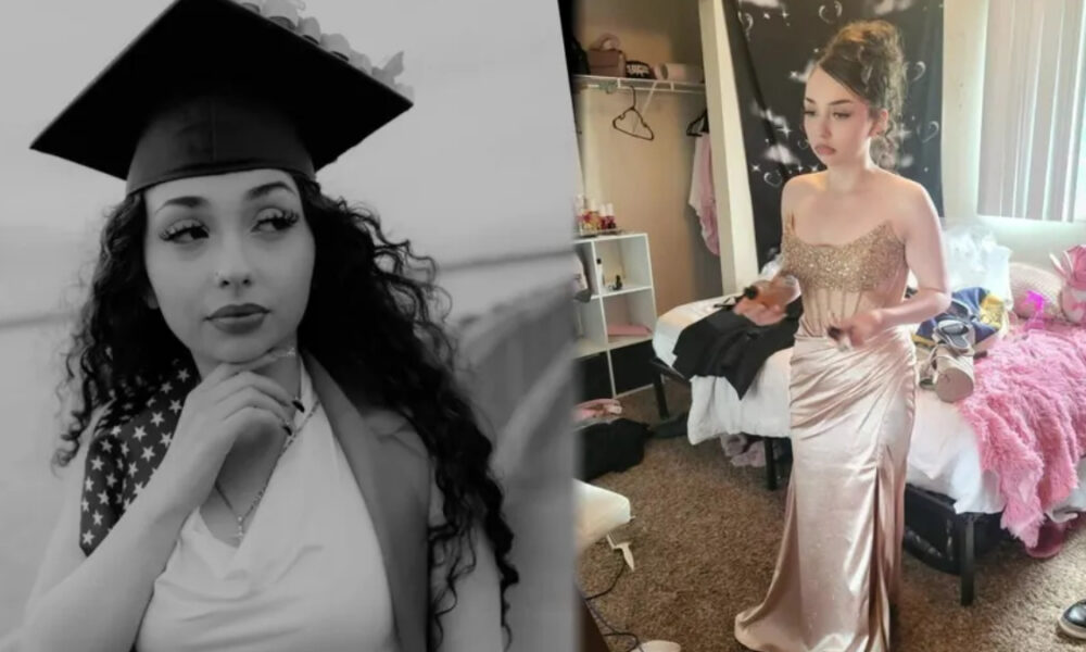 Split-screen: left side shows a graduate wearing a cap and gown with an American-flag detail on her shoulder; right side shows a woman in a sparkling champagne gown posing in a bedroom.