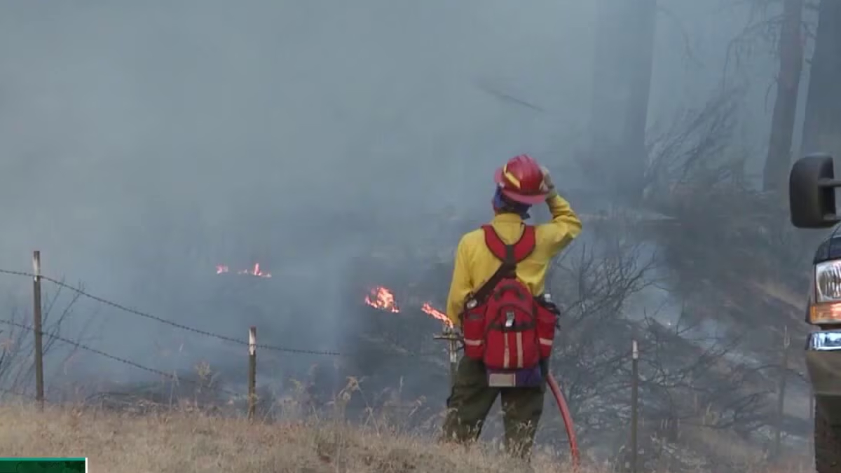 Firefighter in yellow shirt and red helmet stands amid smoke and flames on a grassy hillside, holding a hose near a fence.