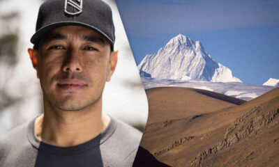 Portrait of a man in a cap on the left next to a snow‑capped mountain on the right, split diagonally.