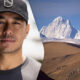 Portrait of a man in a cap on the left next to a snow‑capped mountain on the right, split diagonally.