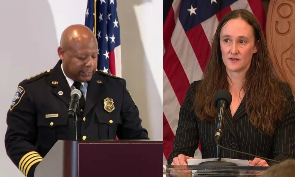 Split image: left side shows a police officer speaking at a podium with an American flag in the background; right side shows a woman in a pinstripe suit speaking at a lectern with papers and a microphone.
