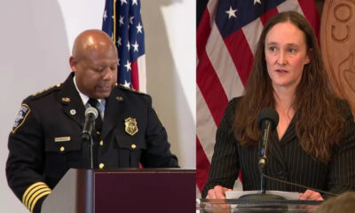 Split image: left side shows a police officer speaking at a podium with an American flag in the background; right side shows a woman in a pinstripe suit speaking at a lectern with papers and a microphone.