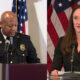 Split image: left side shows a police officer speaking at a podium with an American flag in the background; right side shows a woman in a pinstripe suit speaking at a lectern with papers and a microphone.