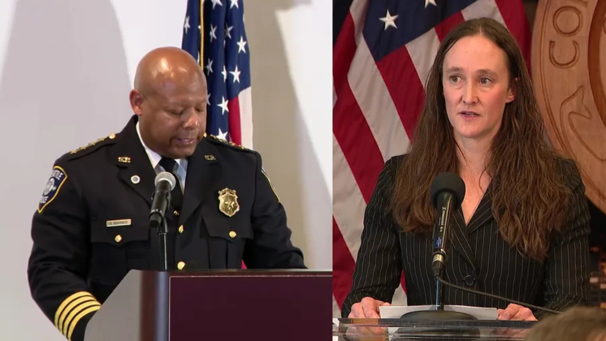 Split image: left side shows a police officer speaking at a podium with an American flag in the background; right side shows a woman in a pinstripe suit speaking at a lectern with papers and a microphone.