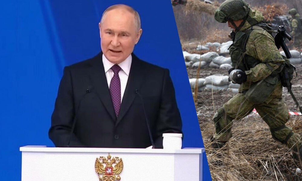 Split image: politician at a podium with an emblem on the front, left; soldier in camouflage running across a field with sandbags in the background, right.