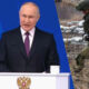 Split image: politician at a podium with an emblem on the front, left; soldier in camouflage running across a field with sandbags in the background, right.
