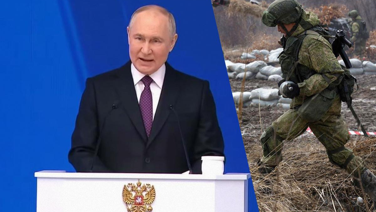 Split image: politician at a podium with an emblem on the front, left; soldier in camouflage running across a field with sandbags in the background, right.