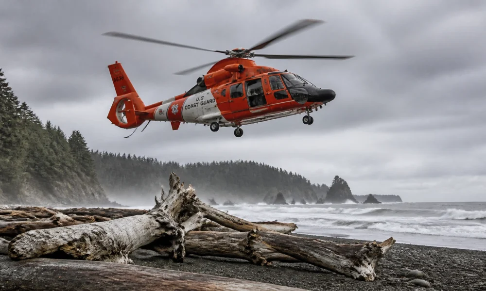 US Coast Guard helicopter in bright orange hovering above a driftwood-strewn rocky beach as gray waves crash and a forested cliffline looms in the background.