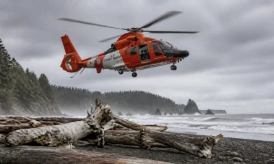 US Coast Guard helicopter in bright orange hovering above a driftwood-strewn rocky beach as gray waves crash and a forested cliffline looms in the background.