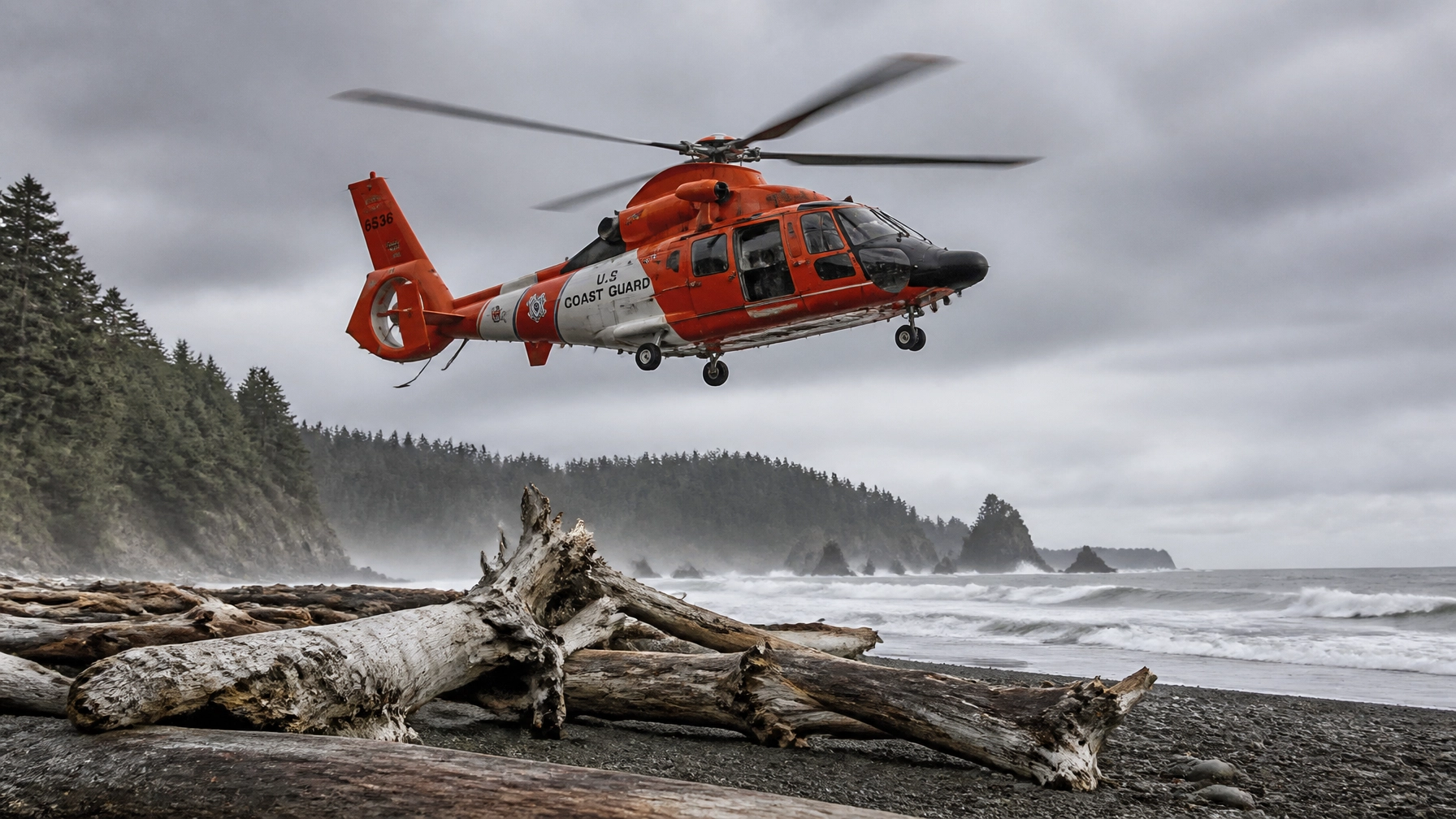 US Coast Guard helicopter in bright orange hovering above a driftwood-strewn rocky beach as gray waves crash and a forested cliffline looms in the background.