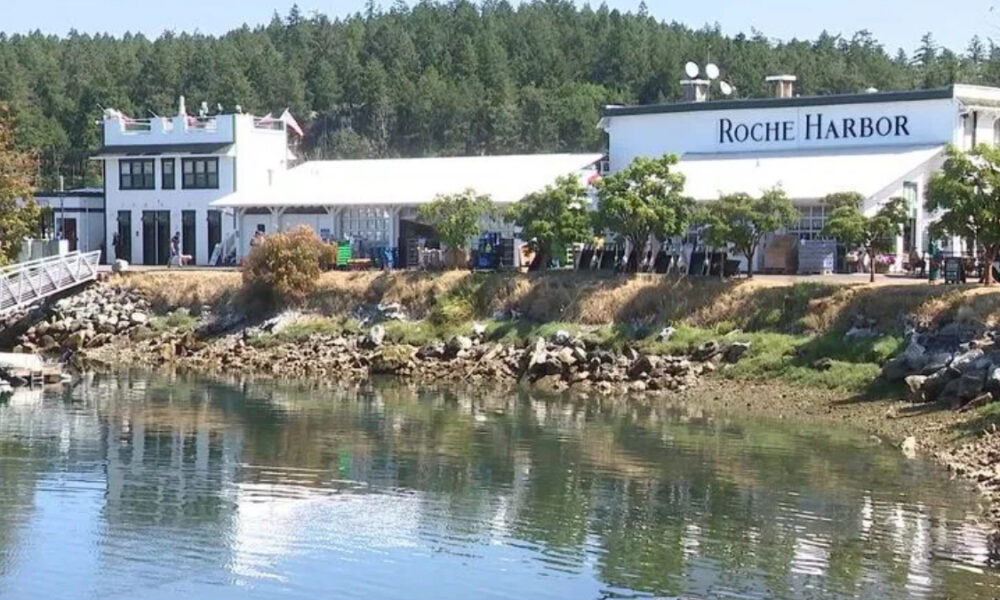 Roche Harbor waterfront with white buildings, trees, and calm harbor water reflecting the scene.