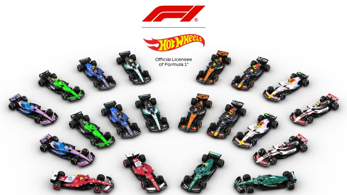 Array of colorful Formula 1 cars arranged in a circle around the Formula 1 and Hot Wheels logos.