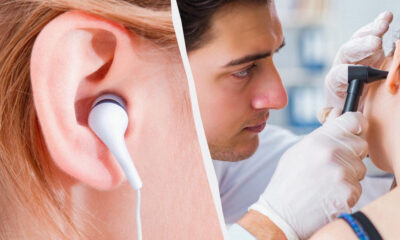 Left: close-up of an ear wearing a white BTE hearing aid; right: clinician examines another ear with an otoscope in a clinical setting