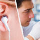 Left: close-up of an ear wearing a white BTE hearing aid; right: clinician examines another ear with an otoscope in a clinical setting