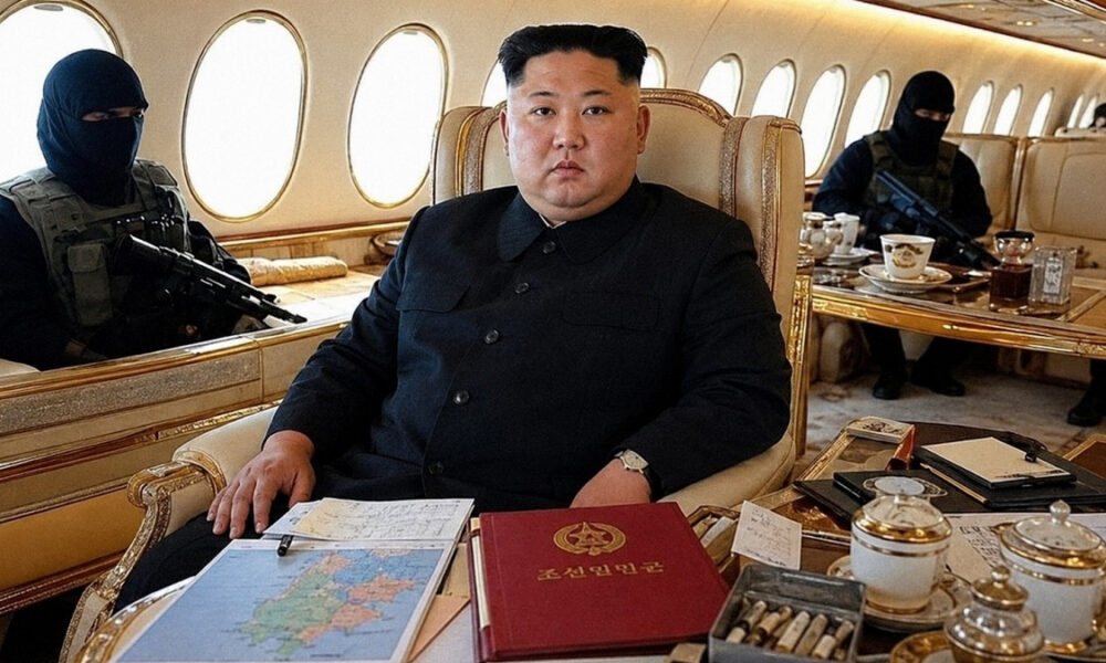 A man in a black suit sits in a gilded private jet cabin, flanked by armed guards, with a map and red booklet on the table in front of him.