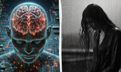 Split image: left a glowing digital brain over a blue circuit board; right a grayscale photo of a woman in the rain, head bowed.