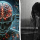 Split image: left a glowing digital brain over a blue circuit board; right a grayscale photo of a woman in the rain, head bowed.