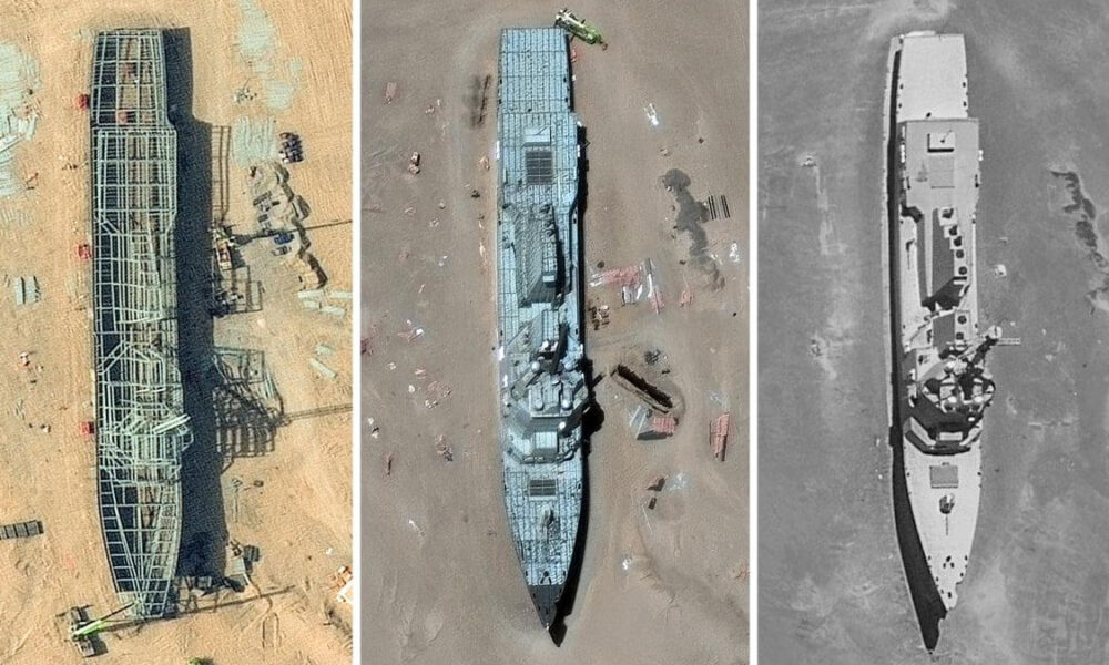 Triptych aerial view of a long, derelict shipwreck on a sandy beach, shown in three color tones (color, blue tint, grayscale).