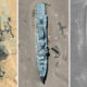 Triptych aerial view of a long, derelict shipwreck on a sandy beach, shown in three color tones (color, blue tint, grayscale).
