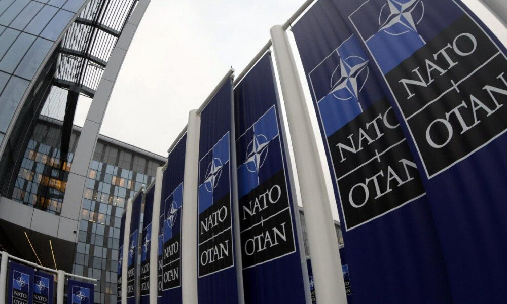 Row of dark blue NATO banners with the emblem and 'NATO' along a modern glass building exterior.